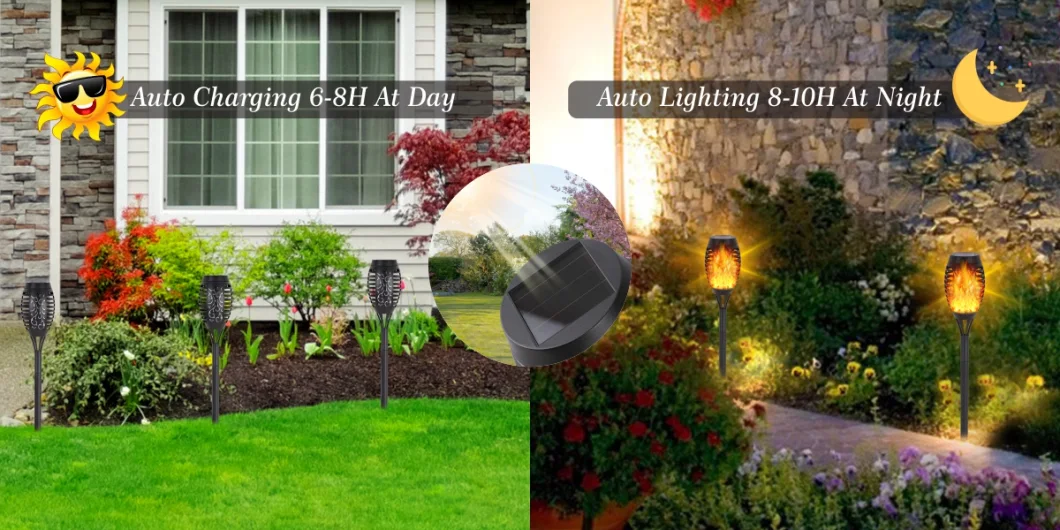 8 Pack Yellow Waterproof Dustproof LED Solar Street Flickering Flame Lights Outdoor Landscape Warm Decoration Light Solar Dancing Flame Garden Light for Patio