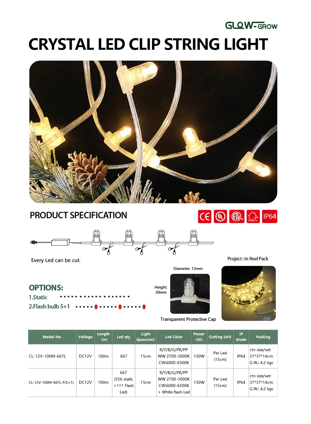 DC12V Supplier Warm White Christmas LED Clip String Light for Tree Commercial Home Decoration